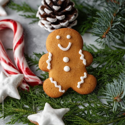 Gingerbread Cookie With Red Bow and Candy Cane on White Cloth With Decoration...