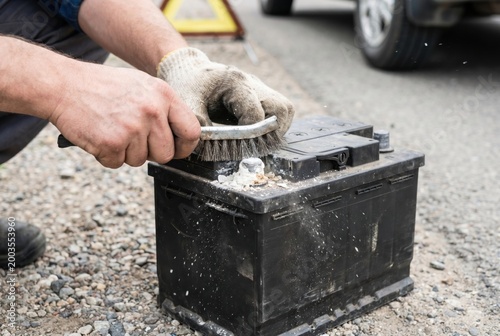 Mechanic using a metal wire brush to clean corrosion off the terminals of a black car battery