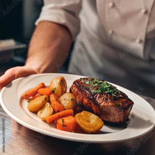 Delicious Meal Served by Chef in a Professional Kitchen During Dinner Time