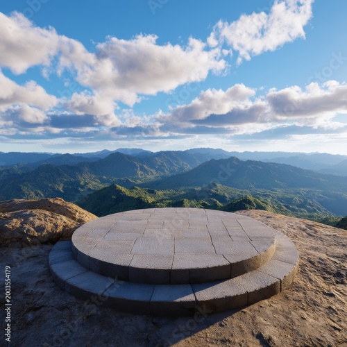 Rocky Platform on Mountain Peak With Clouds and Blue Sky in the Distance