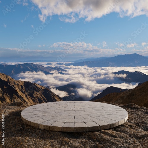 Rocky Platform on Mountain Peak With Clouds and Blue Sky in the Distance