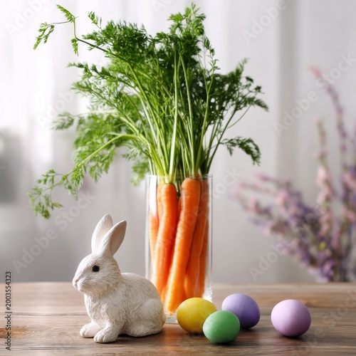 Fresh Carrots in a Glass Vase With a Bunny and Colorful Eggs on a Wooden Tabl...