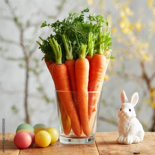 Fresh Carrots in a Glass With Colorful Eggs and a Small Bunny Figure on a Woo...