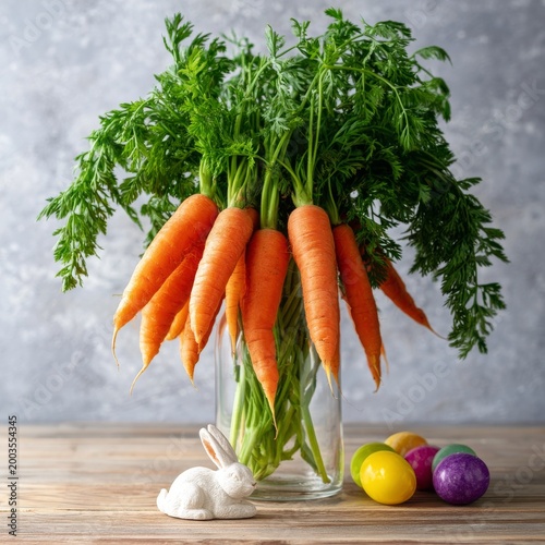 Fresh Carrots in a Glass With Colorful Eggs and a Small Bunny Figure on a Woo...