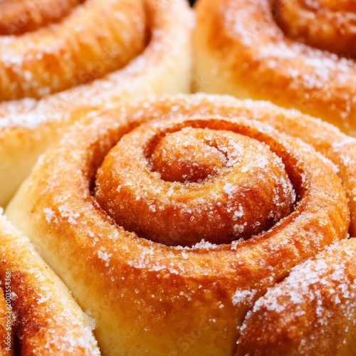 Freshly Baked Cinnamon Rolls Served Warm for Breakfast With Sugar Topping and...