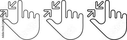 Touch screen gesture icon set featuring pinch to zoom In and out hand signs in minimalist outline art style