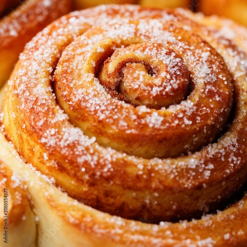 Freshly Baked Cinnamon Rolls Served Warm for Breakfast With Sugar Topping and...