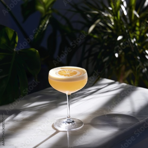 Fresh Cocktail Served in a Glass With Lemon Slice on a Marble Table Surrounde...