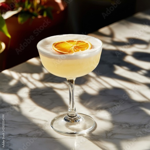 Cocktail With Citrus Slice on a Table With Plant Shadows in a Warm Setting