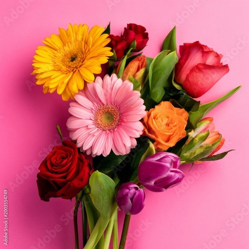 Fresh Flowers Arranged in a Colorful Display on a Pink Background During Daytime