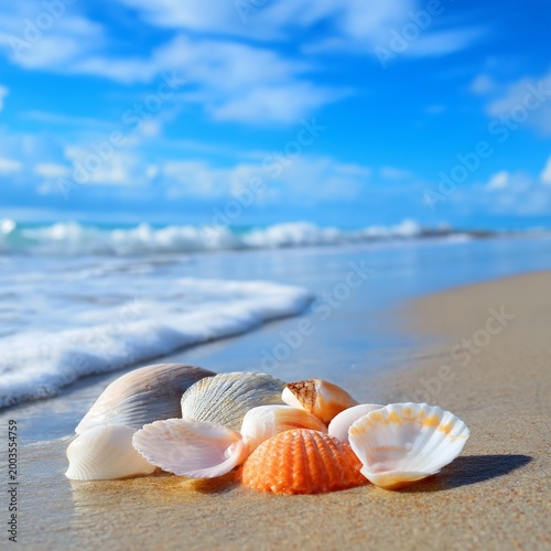 Shells Rest on the Wet Sand as Waves Crash in on a Sunny Day at the Beach