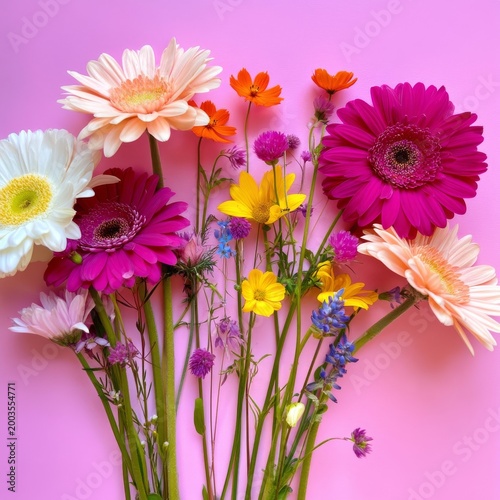 Bright Flowers Arranged on a Pink Background Create a Vibrant Display During ...