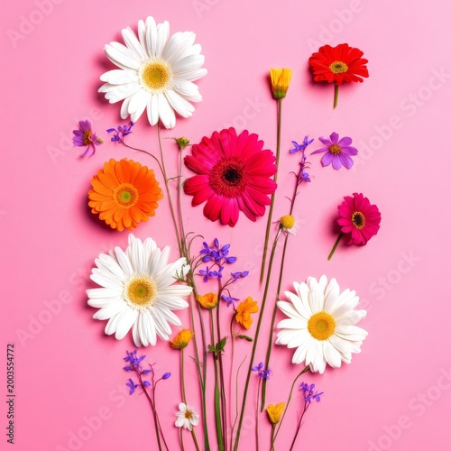 Bright Flowers Arranged on a Pink Background Create a Vibrant Display During ...