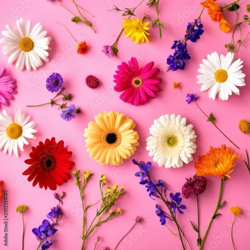 Bright Flowers Arranged on a Pink Background in Various Shapes and Colors Dur...