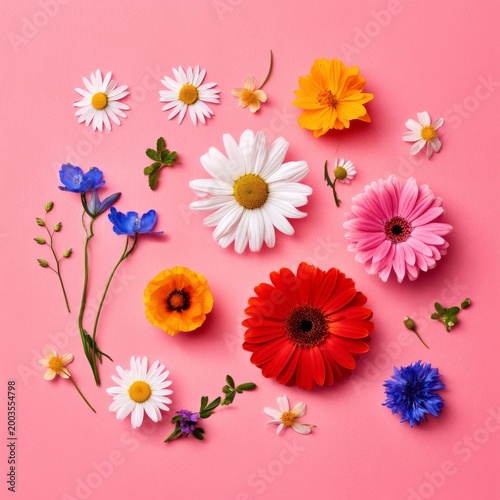 Bright Flowers Arranged on a Pink Background in Various Shapes and Colors Dur...