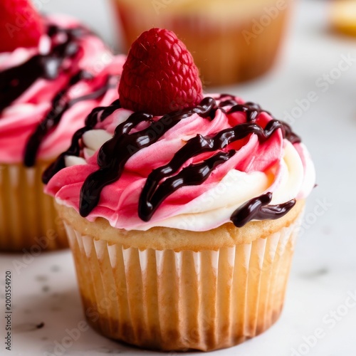 Cupcake With Raspberry Topping and Chocolate Drizzle Served on a Plain Backgr...