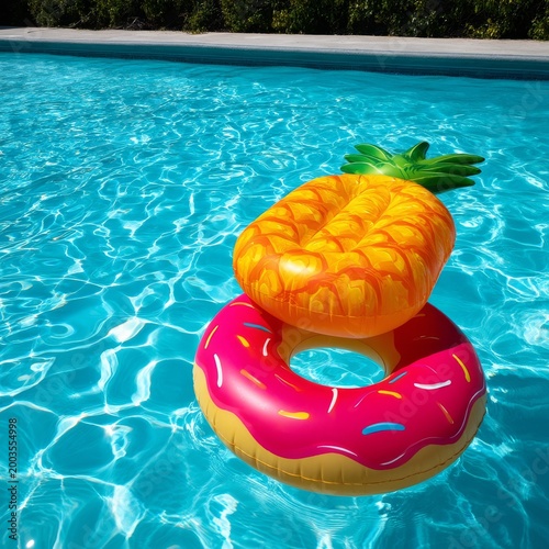 Floating Pineapple Toy on a Donut Inflatable in a Swimming Pool During a Sunn...