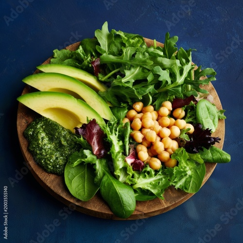 Healthy Salad With Chickpeas, Avocado, and Leafy Greens on a Wooden Plate