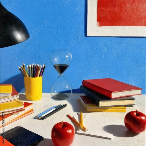 Workspace With Books, Apples, and a Lamp Against a Blue Wall in a Study Area