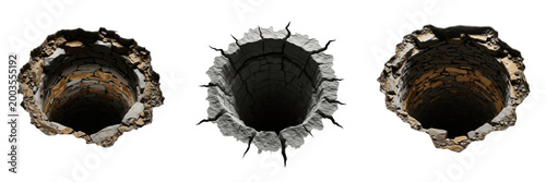 Set of Round Hole in the Ground Abyss Isolated on White Background, PNG