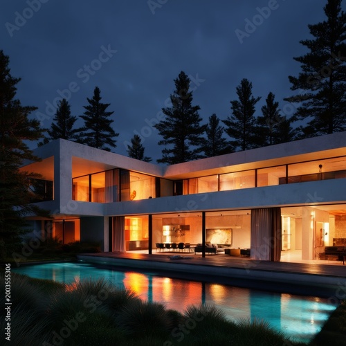 Modern House by the Pool at Twilight With Lights on and Trees in the Background