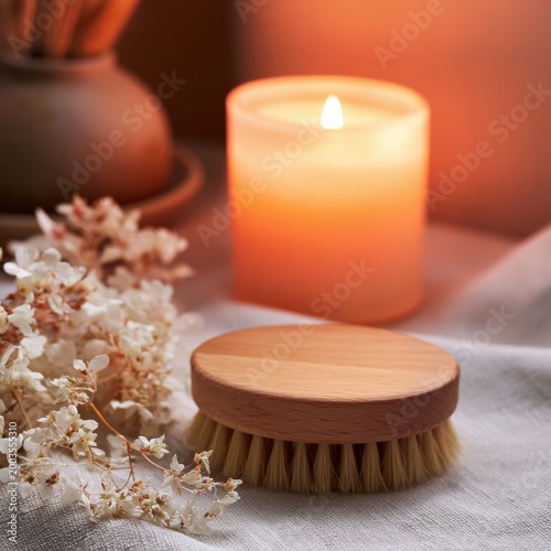 Candle Light Shines on a Brush and Dried Flowers on a Soft Fabric in a Warm S...