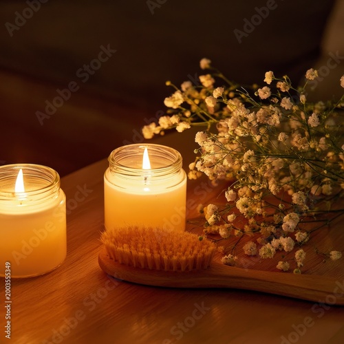 Candles and Flowers on a Wooden Table During Evening Light