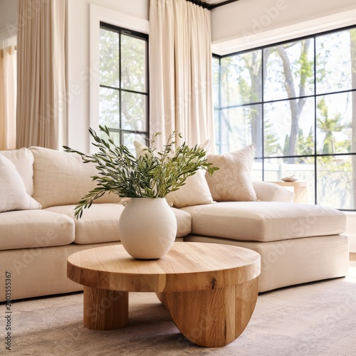 Cozy Living Room With a Wooden Coffee Table and a Plant on Display Near Large...