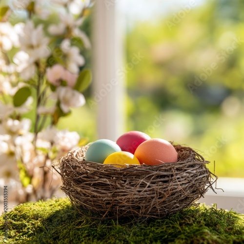 Colorful Eggs in a Nest on a Table Near Blooming Flowers in Spring Sunlight