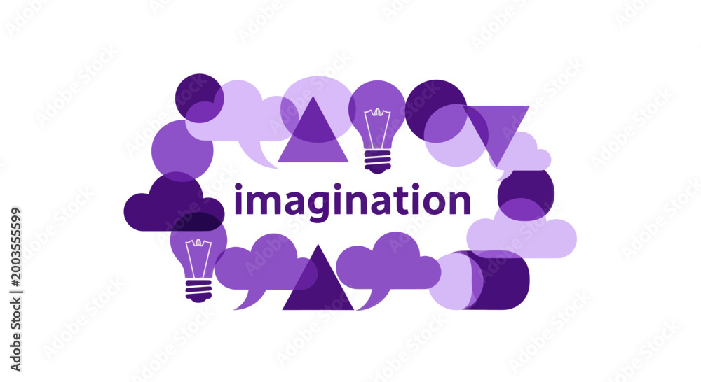 Fototapeta premium Imagination concept, creative thinking, ideas, innovation, lightbulbs, shapes, speech bubbles
