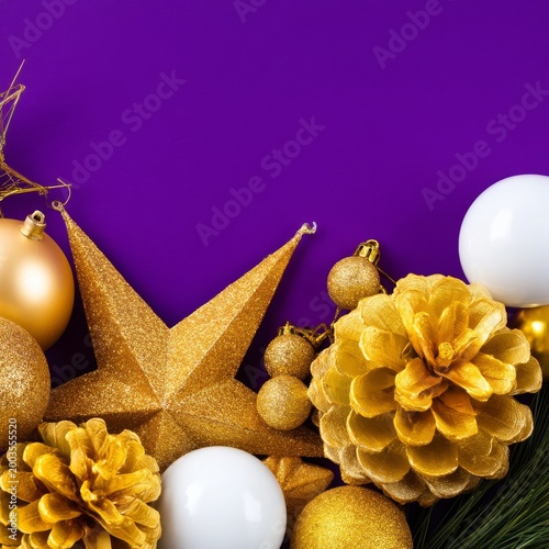 Gold and White Holiday Decorations Arranged on a Purple Background for Festiv...