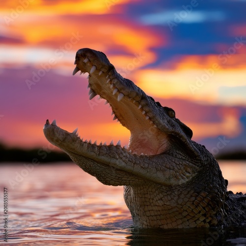 Crocodile Opens Mouth Under Colorful Sunset Sky at a River in a Natural Habitat