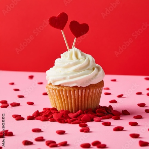 Red Heart Topped Cupcake With Sprinkles on a Pink Background During a Celebra...