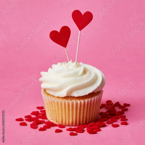 Cupcake With Heart Decorations on Pink Background for Celebration Event