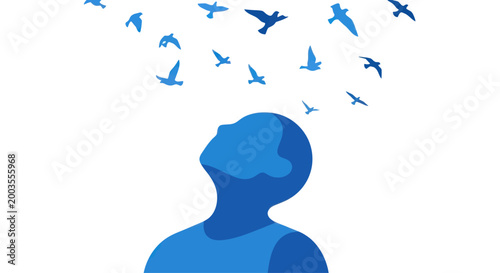 Silhouette of man looking up at flock of blue birds flying into the sky, symbolizing freedom and dreams.