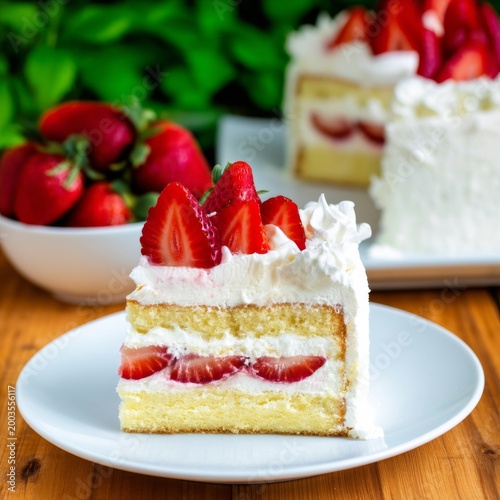 Strawberry Cake Served on a White Plate With Fresh Strawberries in the Backgr...