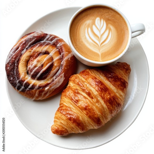 Enjoying a Warm Cup of Coffee With Pastries on a White Plate in a Cozy Cafe S...