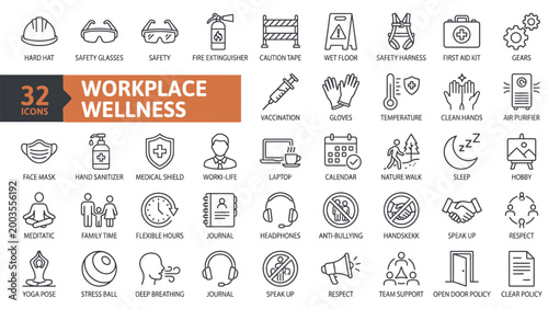 Tableau sur toile Vector Illustration Set of Workplace Icons including PPE, Stress Management, and