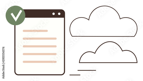 Cloud storage, data synchronization, online backup, secure access, digital authorization, and data management. A file panel with a green checkmark and cloud icons. Cloud storage and secure access