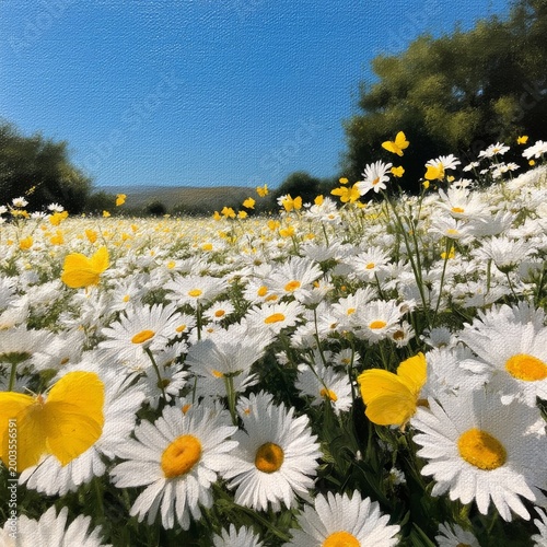 Bright Yellow Butterflies Fly Over White Daisies Under a Clear Blue Sky Durin...