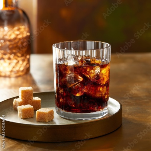 Drink With Ice and Sugar Cubes on a Round Plate in a Warm Setting During the Day