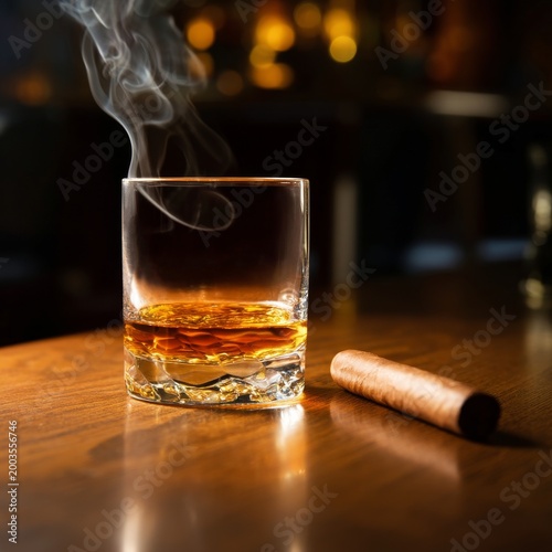 Whiskey and Cigar on Wooden Table in a Dimly Lit Room During a Relaxed Evening