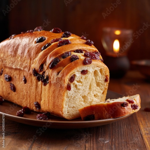 Fresh Baked Bread With Dried Fruit Sits on a Plate Beside a Candle on a Woode...