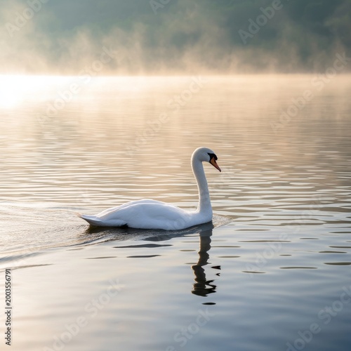 Swan Swims Across Calm Lake During Early Morning Light in Misty Environment
