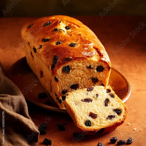 Freshly Baked Bread With Raisins Displayed on a Wooden Platter in a Kitchen S...