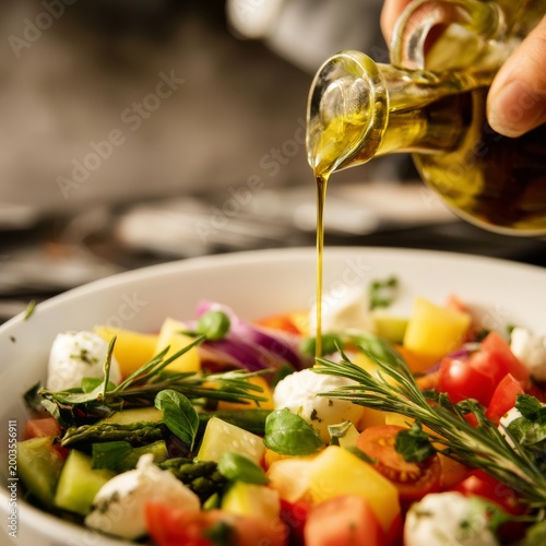 Chef Pours Olive Oil on Fresh Salad in the Kitchen During Lunch Preparation