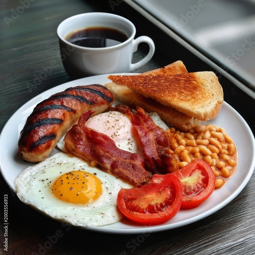 Breakfast Plate With Bacon, Eggs, Sausage, Toast, Beans, and Coffee Near a Wi...