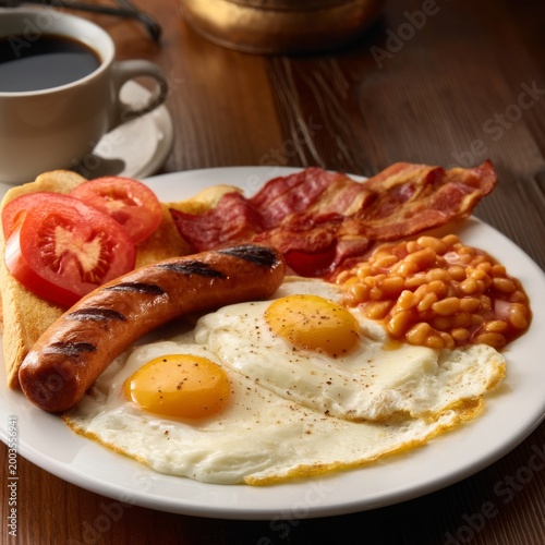 Breakfast Plate With Bacon, Eggs, Sausage, Toast, Beans, and Coffee Near a Wi...