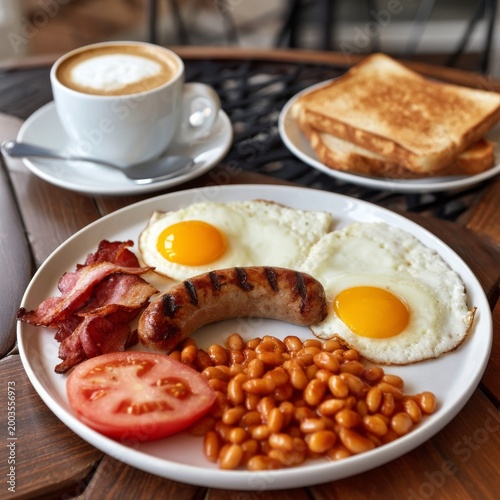 Bacon, Eggs, and Sausages Served on Plate With Toast and Coffee in Kitchen