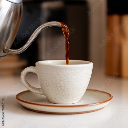 Hot Coffee Pours Into a White Cup on a Plate in a Kitchen Setting During Morn...